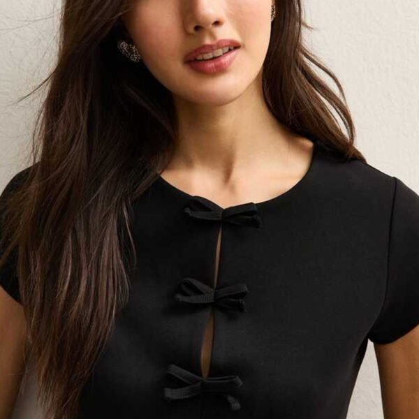 Basics Black Bow Detail Short Sleeve Top for Women