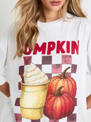 1 Pumpkin Spice Latte Checkered Printed Oversized T-Shirt