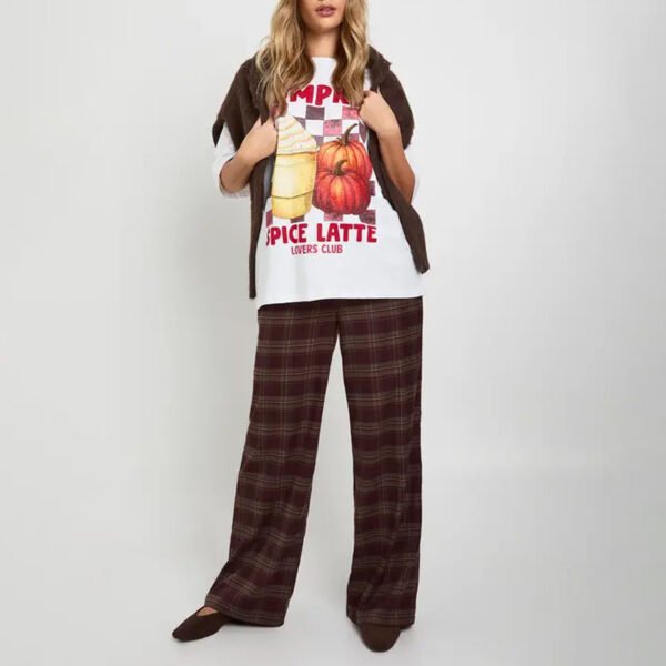 Pumpkin Spice Latte Checkered Printed Oversized T-Shirt
