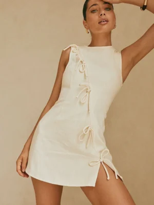 Cute Bow Cotton Fit Mini Dress Cream