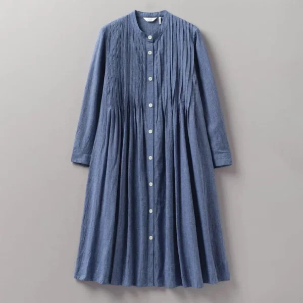 Pleated Linen Long Shirt Dress