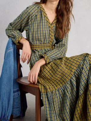 Pure Cotton Checked Midi Tiered Dress