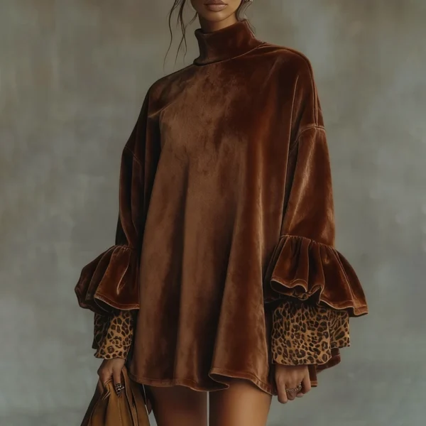Velvet Leopard Cuff Flounce Sleeve Mini Dress Velvet Leopard Cuff Flounce Sleeve Mini Dress