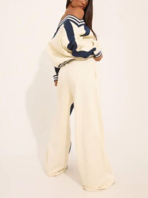 Cream Oversized Tie Waist Contrast Stripe Wide Leg Joggers Cream Oversized Tie Waist Contrast Stripe Wide Leg Joggers