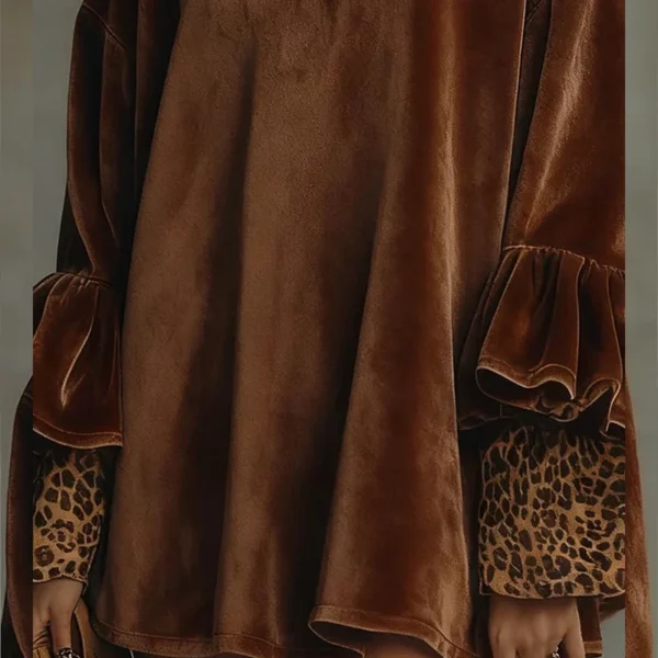 Velvet Leopard Cuff Flounce Sleeve Mini Dress Velvet Leopard Cuff Flounce Sleeve Mini Dress