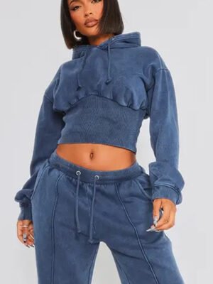 Shape Blue Sweat Cropped Shirred Waist Hoodie