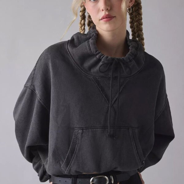 Acid Washed Black Drawstring Mockneck Pullover