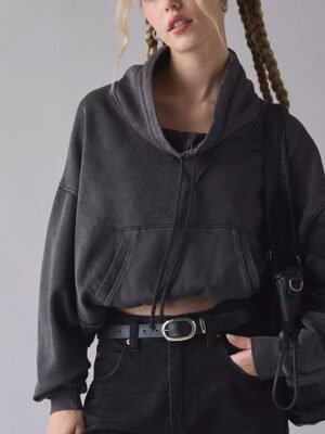 Acid Washed Black Drawstring Mockneck Pullover