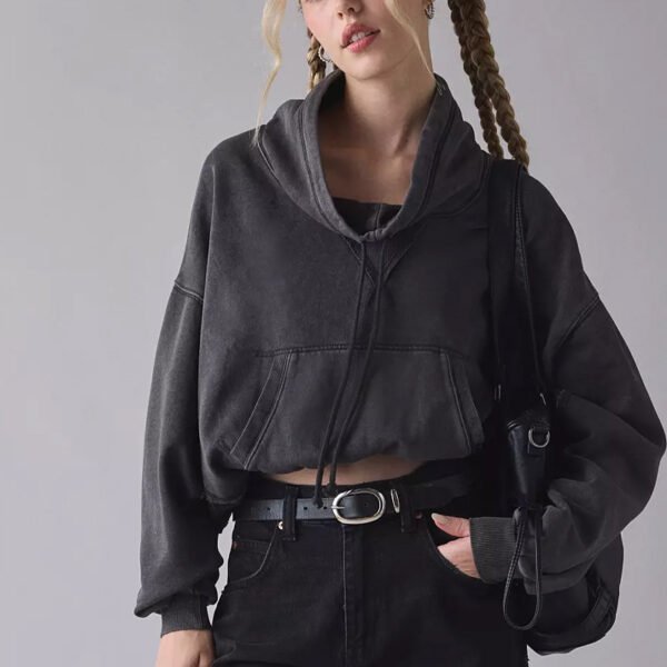 Acid Washed Black Drawstring Mockneck Pullover