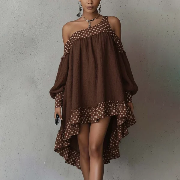 Brown Polka Dot Trim Asymmetrical Hem Cotton Linen Mini Dress Brown Polka Dot Trim Asymmetrical Hem Cotton Linen Mini Dress