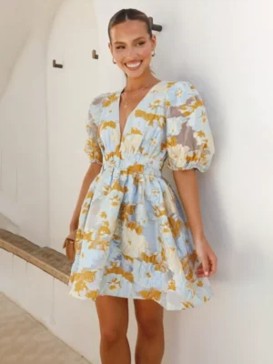 Jacquard Blue Short balloon sleeve Mini Dress