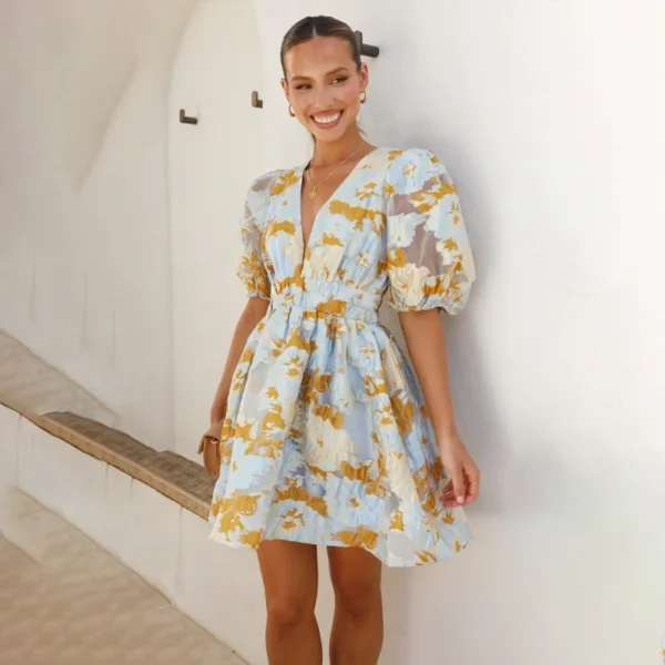 Jacquard Blue Short balloon sleeve Mini Dress Jacquard Blue Short balloon sleeve Mini Dress