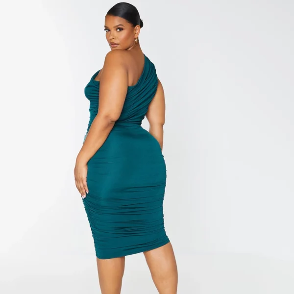 Plus Emerald Green Slinky Ruched One Shoulder Longline Midi Dress