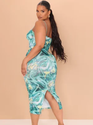 Plus Green Swirl Crinkle Rib Cup Detail Midi Dress