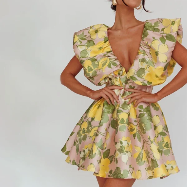 Puffed Neckline Mini Dress Floral Pink/Yellow
