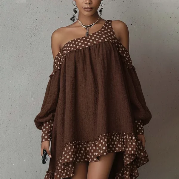 Brown Polka Dot Trim Asymmetrical Hem Cotton Linen Mini Dress Brown Polka Dot Trim Asymmetrical Hem Cotton Linen Mini Dress