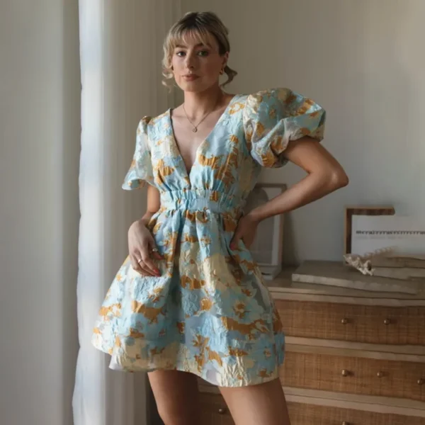 21.2 Jacquard Blue Short balloon sleeve Mini Dress