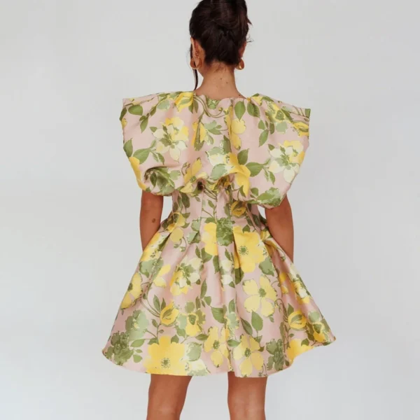 Puffed Neckline Mini Dress Floral Pink/Yellow