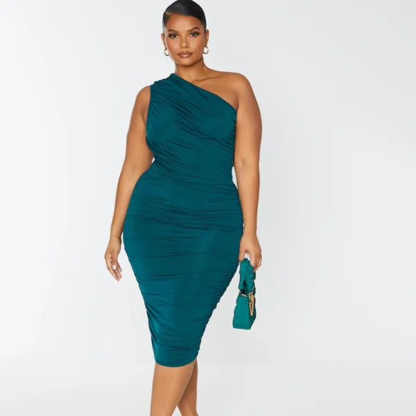 Plus Emerald Green Slinky Ruched One Shoulder Longline Midi Dress