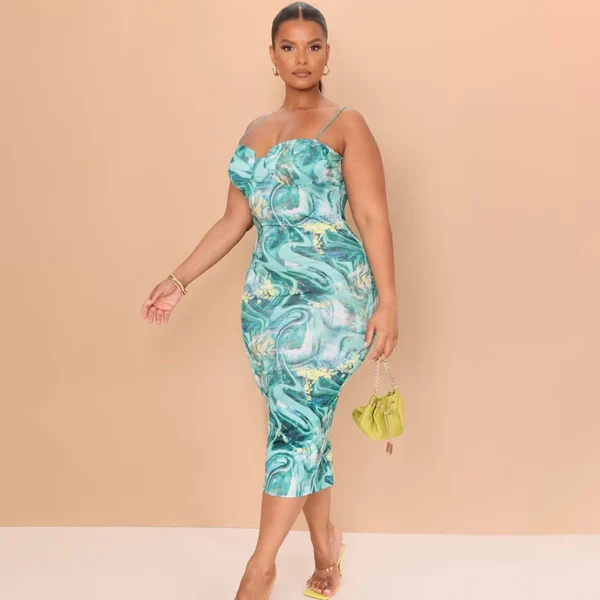 Plus Green Swirl Crinkle Rib Cup Detail Midi Dress