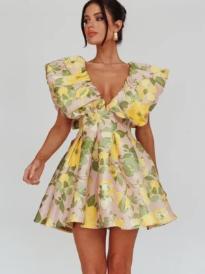 Puffed Neckline Mini Dress Floral Pink/Yellow