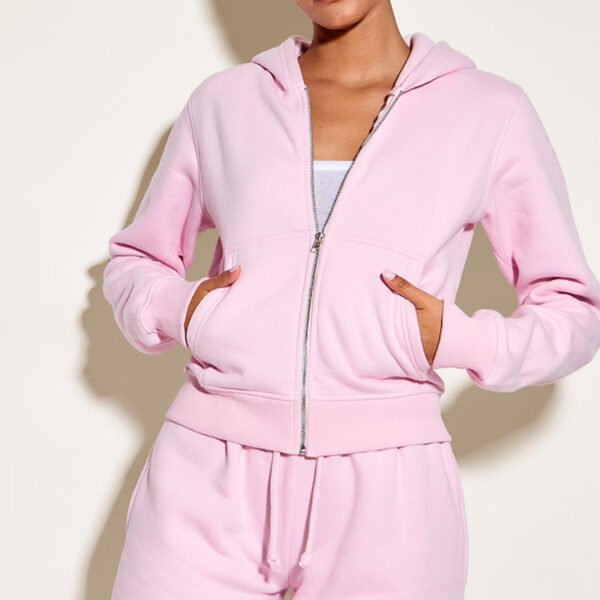 5.3 Pink Cotton Fleece Crop Zip Hoodie