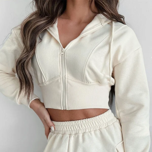 Beige Corset Cropped Zip Hoodie