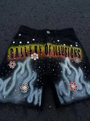 Flame Rhinestone Denim Shorts