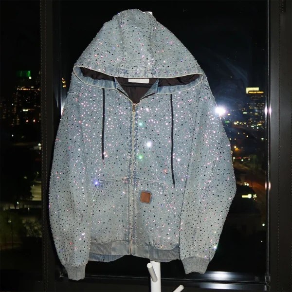 Allover Rhinestone Denim Hoodie Jacket