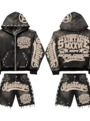 Saintage Rhinestone Washed Denim Tracksuit Set