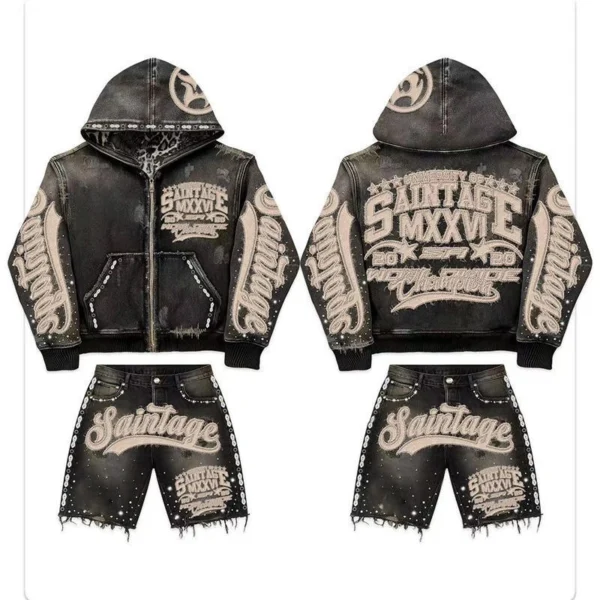 Saintage Rhinestone Washed Denim Tracksuit Set Saintage Rhinestone Washed Denim Tracksuit Set