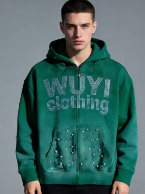 Studded Rhinestone Full-Zip Oversized Hoodie