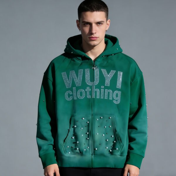 Studded Rhinestone Full-Zip Oversized Hoodie