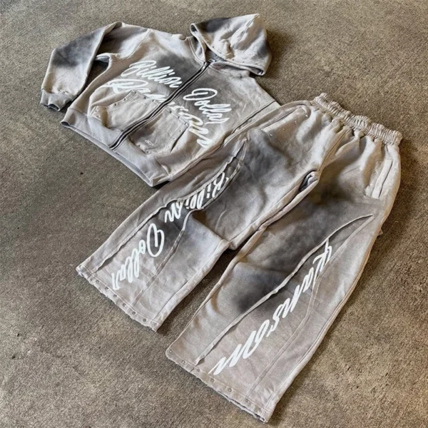 Washed Zip Hoodie Wide Leg Pants Set