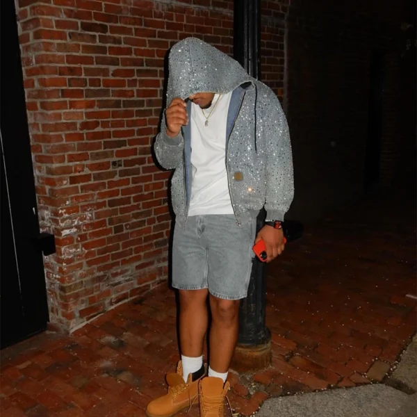 Allover Rhinestone Denim Hoodie Jacket