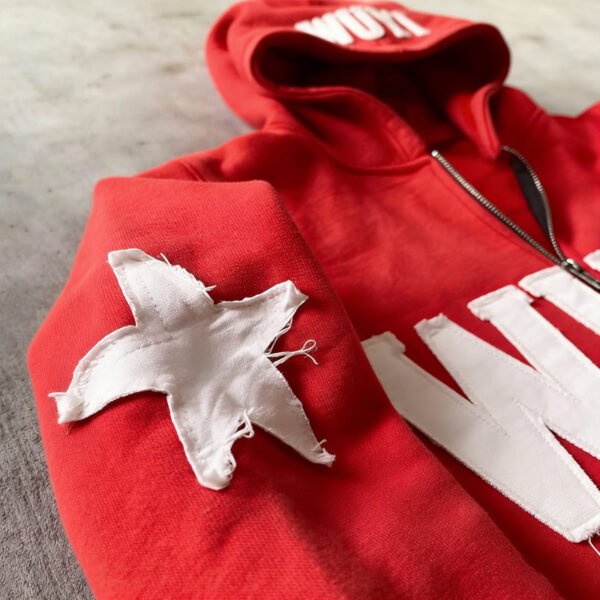 Red WUYI Star Patch Zip-Up Hoodie Red WUYI Star Patch Zip-Up Hoodie