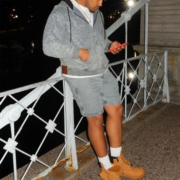 Allover Rhinestone Denim Hoodie Jacket