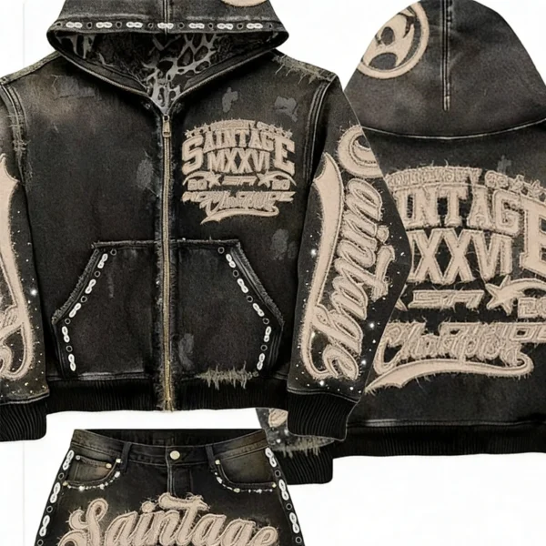 Saintage Rhinestone Washed Denim Tracksuit Set Saintage Rhinestone Washed Denim Tracksuit Set