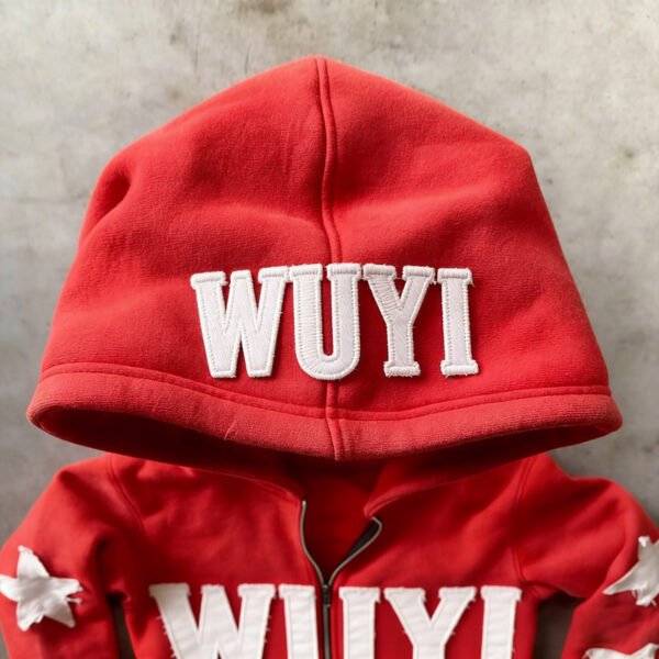 Red WUYI Star Patch Zip-Up Hoodie Red WUYI Star Patch Zip-Up Hoodie