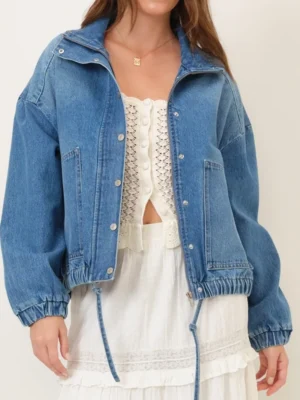Denim Funnel Neck Bomber Jacket