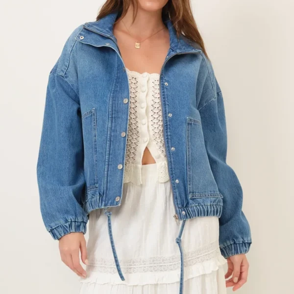 Denim Funnel Neck Bomber Jacket Denim Funnel Neck Bomber Jacket