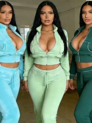 Velour Zip-Up Cropped Two Piece Set