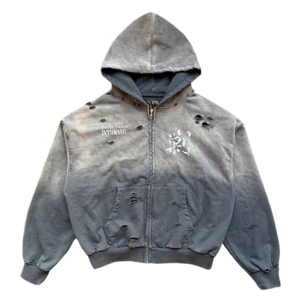 Distressed Washed Zip Hooded Sweatshirt