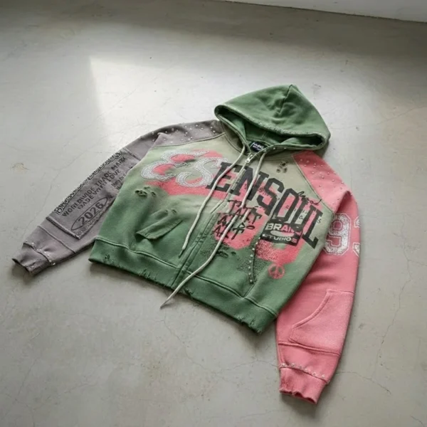 Colorblock Patchwork Cropped Zip Hoodie