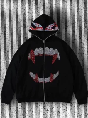 Rhinestone Vampire Fangs Zip-Up Hoodie Rhinestone Vampire Fangs Zip-Up Hoodie