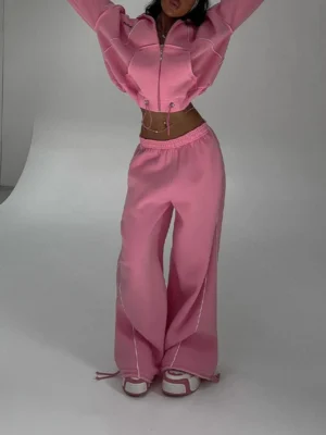 Pink Cropped Wide Leg Tracksuit Set