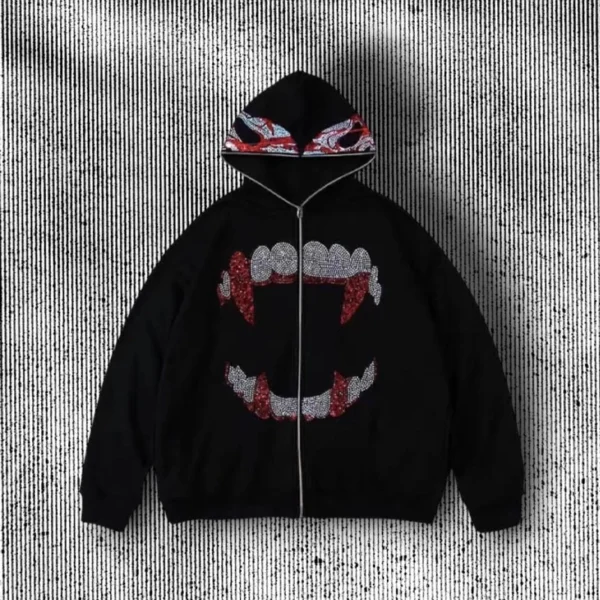 Rhinestone Vampire Fangs Zip-Up Hoodie