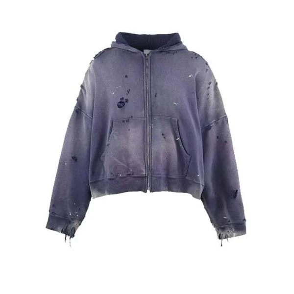 Distressed Washed Cropped Zip Hooded Sweatshirt