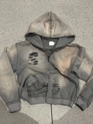 Grey Washed Distressed Cropped Zip Hoodie