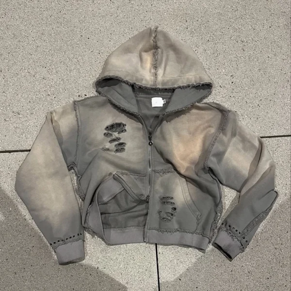 Grey Washed Distressed Cropped Zip Hoodie Grey Washed Distressed Cropped Zip Hoodie